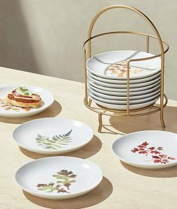 Autumn Plates with Stand, $60, crateandbarrel.com